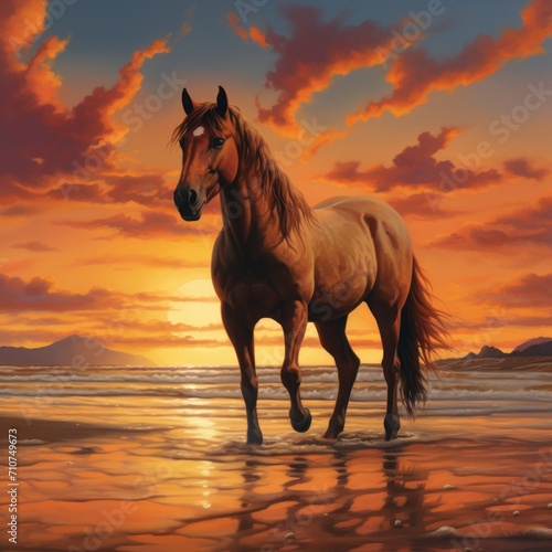 brown horse standing on top of a sandy beach under cloudy blue and orange sky with sunset