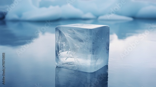  a large ice block sitting in the middle of a body of water with icebergs floating in the background.