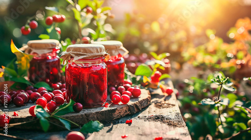 Cranberry jam in a jar. Selective focus. photo