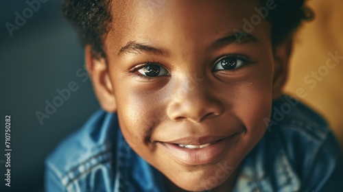 Close view of smiling african american boy, happy expression. Created with Generative Ai technology.