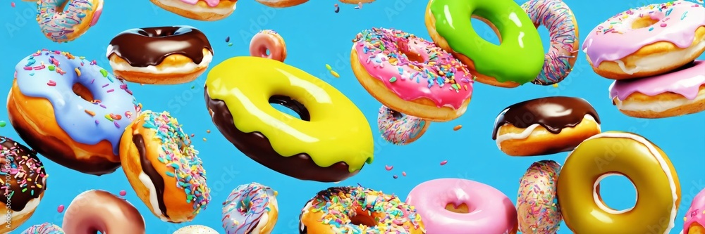 Delicious colorful donuts flying on a pastel blue background. Tasty dessert food for coffee break concept in minimalism style. Wide screen wallpaper. Panoramic web banner with copy space for design.