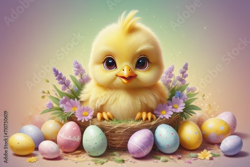 Easter setting with a cute chiken baby with Easter colorfull eggs with ornaments and spring flowers on bright background.
