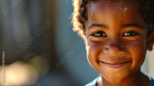 Close view of smiling african american boy  happy expression. Created with Generative Ai technology.