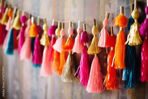 Festive, colorful tassel garland as an interior decor element. Holiday background decorated with paper tassels. Selective focus. AI-generated photo