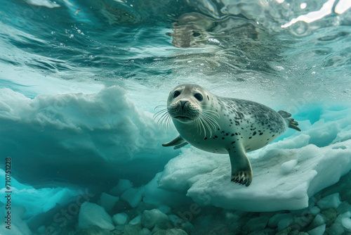 wide shot Under water Seals swim beneath the Arctic sea ice