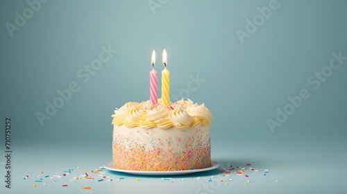 Vibrant Birthday Celebration Cake with White Drip Icing and Colorful Sugar Sprinkles on Plain Blue Background - Sweet Party Dessert for Joyous Occasions