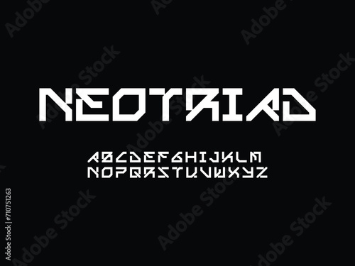Modern futuristic display theme stencil font, abstract geometric clean monospaced letter set Neotriad typeface.