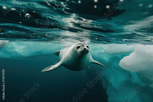Under water Seal swim beneath the Arctic sea ice © EmmaStock