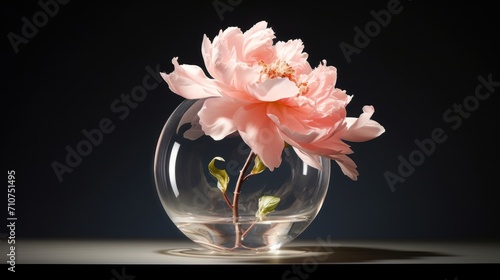 a pink flower sitting inside of a glass vase on top of a white counter top next to a black wall.