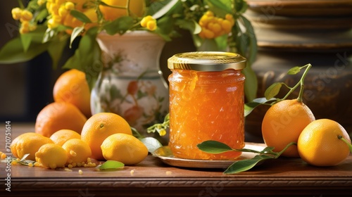  a jar of orange marmalade sitting on a table next to some lemons and a bunch of flowers.
