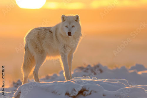 Arctic wolf on the snow with sunrise