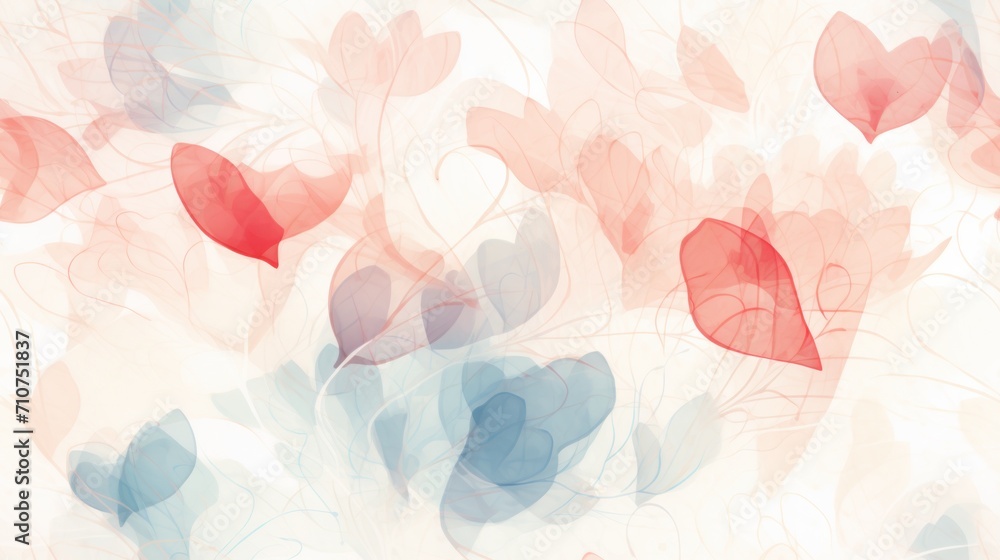  a group of red and blue hearts floating in the air on a white and blue background with a pattern of red and blue leaves.