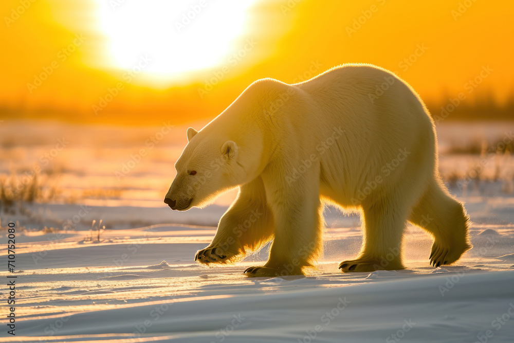 side way Polar bear walks on snow during sunrise side way Polar bear walks on snow during sunrise