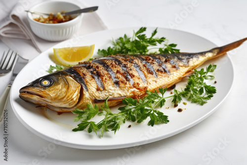 golden grilled mackerel fish skin on on a white plate with parsley on a light neutral background