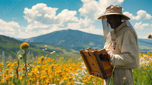 beekeeper keeping bees with mountains in the background and beautiful flowers photo