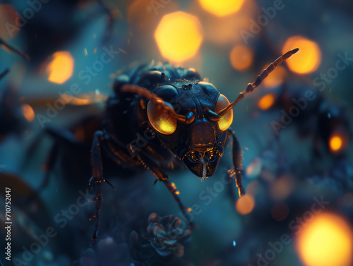 Macro image of an insect in dramatic Sci-Fi light, Dark fantasy insect. Generative Ai illustration © panya7