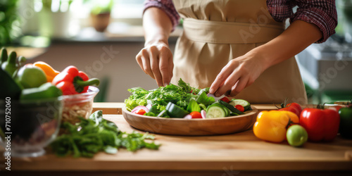 Fresh Healthy Salad: A Chef's Delicious Preparation of Vegetables and Ingredients on Kitchen Table, with a Red Tomato, Lettuce and Green Cucumber in a Tasty Bowl.