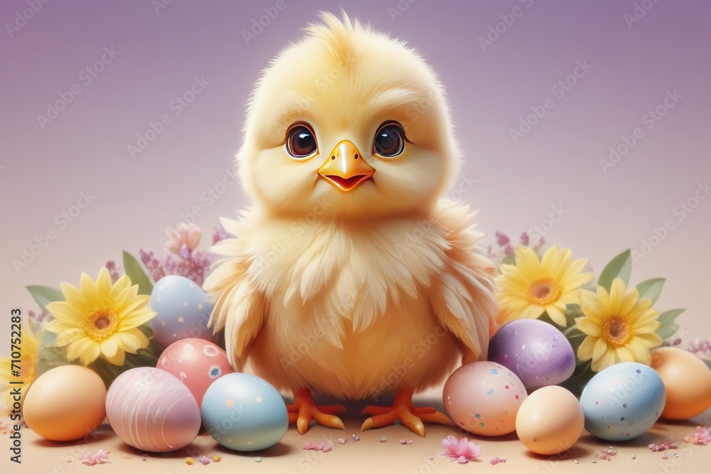 Happy Easter chick, paste ltone eggs, spring flowers in on light purple background. Easter posters, covers, labels templates .