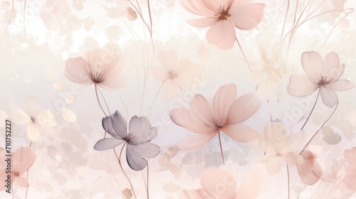  a painting of pink and purple flowers on a white and pink background with a light blue sky in the background.