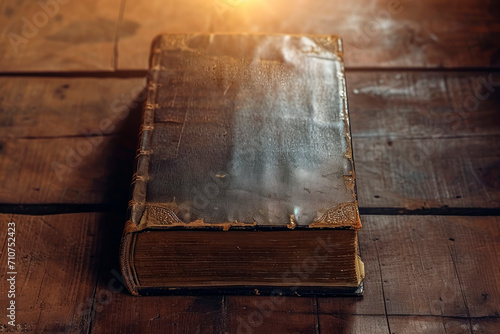 holy bible illuminated with heavenly light on a rustic and old wooden table