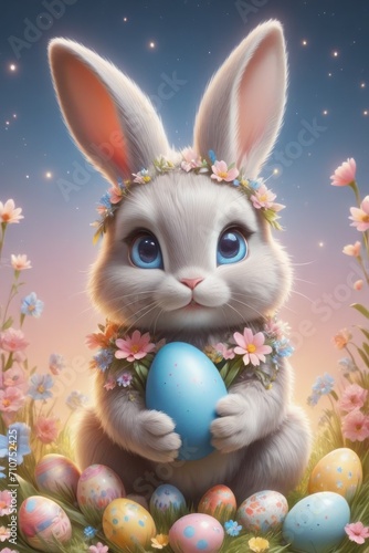 Charming Easter cartoon bunny with whimsical eggs and blooming flowers.