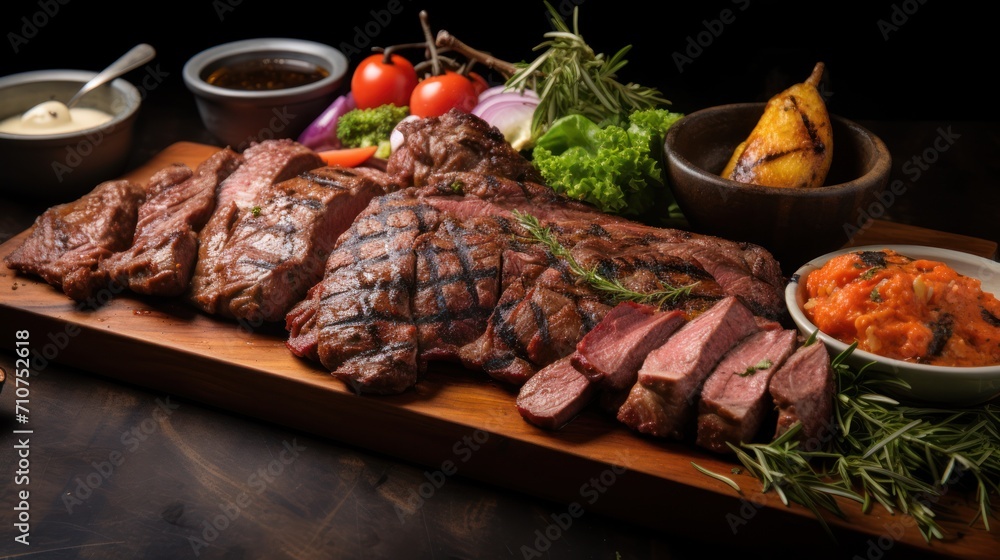  a wooden cutting board topped with sliced up steak next to a bowl of carrots and a bowl of mashed potatoes.