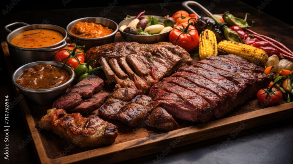  a platter of meat, vegetables, and condiments sits on a wooden cutting board on a table.