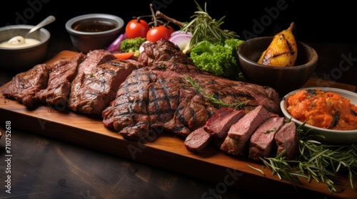  a wooden cutting board topped with sliced up steak next to a bowl of carrots and a bowl of mashed potatoes.