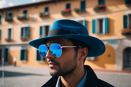 Man Wearing Blue Hat and Sunglasses in a Simple Outdoor Setting. Generative AI.