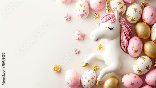 Fun unicorn figurine and Easter eggs with gold pattern on white background. Top view, space for text.