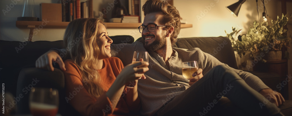 Happy young couple sitting on a sofa and  drinking wine, enjoying their time together. A couple in love - obrazy, fototapety, plakaty 