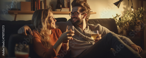 Happy young couple sitting on a sofa and  drinking wine, enjoying their time together. A couple in love photo
