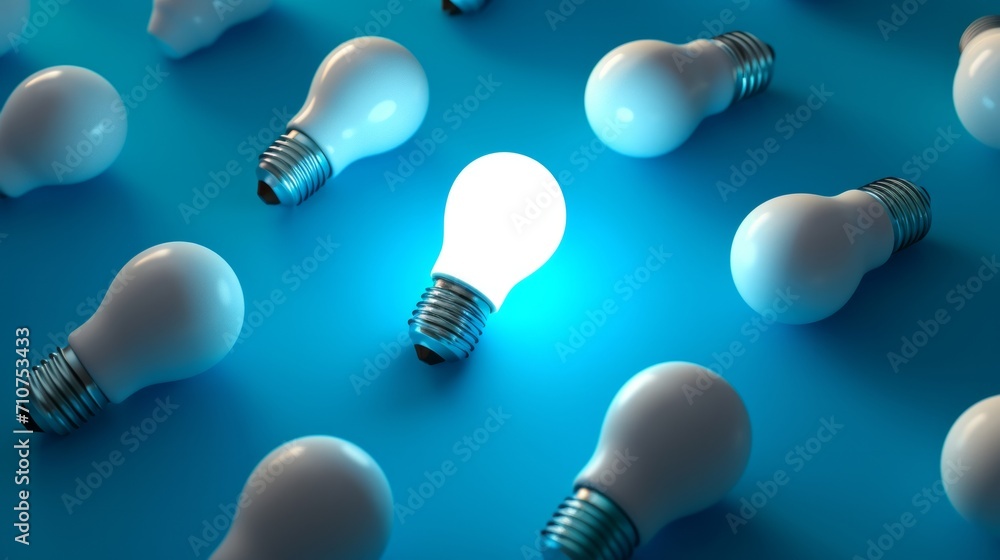 Group of Light Bulbs on Blue Table, Energy-Saving Technology for Lighting Solutions Group of Light Bulbs on Blue Table, Energy-Saving Technology for Lighting Solutions