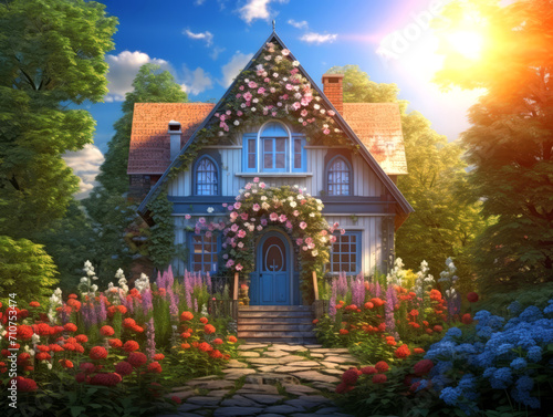 A fairytale house where a magical fairy lives, surrounded by nature and flowers