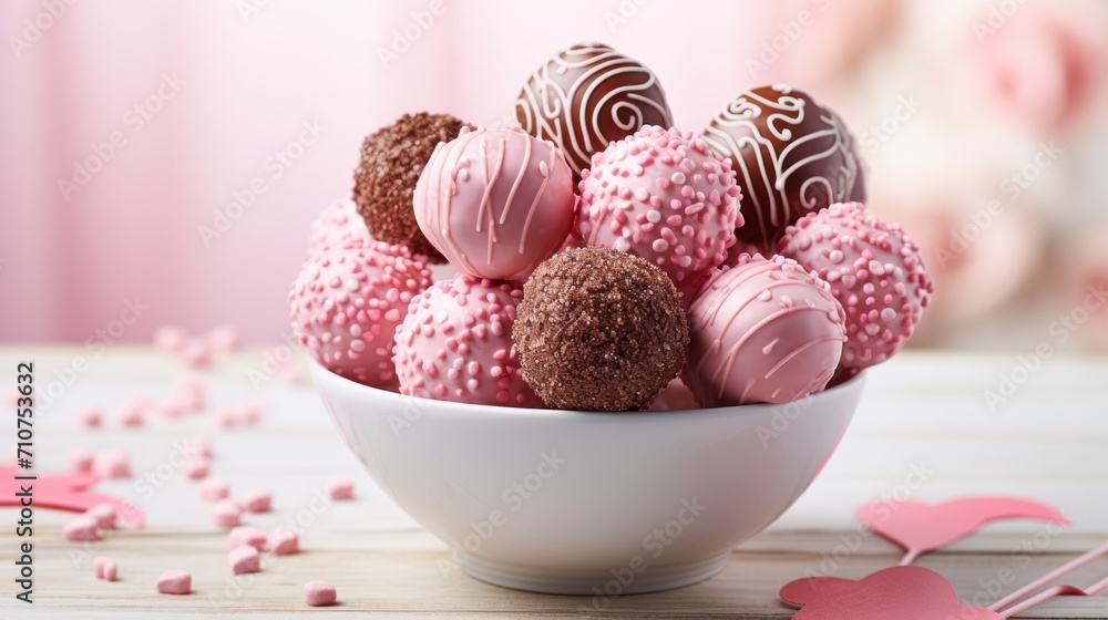  a white bowl filled with pink and chocolate truffles on top of a wooden table next to pink hearts.