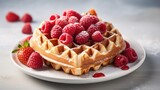  a white plate topped with a waffle covered in raspberries next to a pile of raspberries.