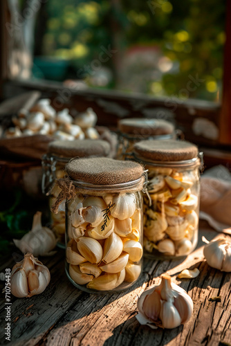 Preserved garlic in a jar. Selective focus.