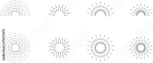 Vintage sunburst set. Bursting rays sunrise firework starburst blast, Radiant Spark. Rays. Geometric Design Elements. Retro radiant sunburst, starburst hand drawn label, sun rays. Vector