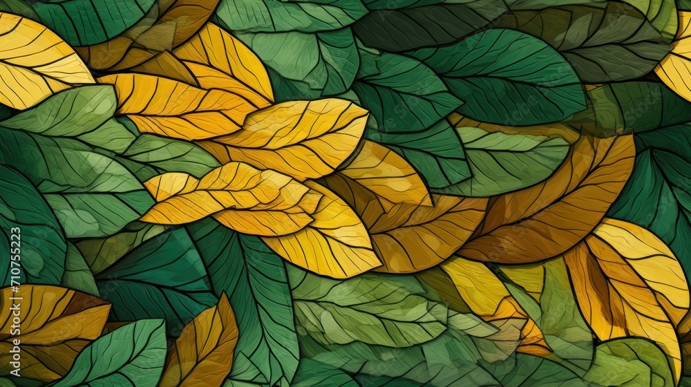  a close up of a stained glass window with yellow and green leaves on the outside of the window and green leaves on the inside of the outside of the window.