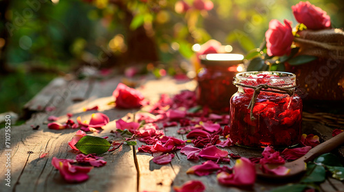 Rose petals jam in a jar. Selective focus.