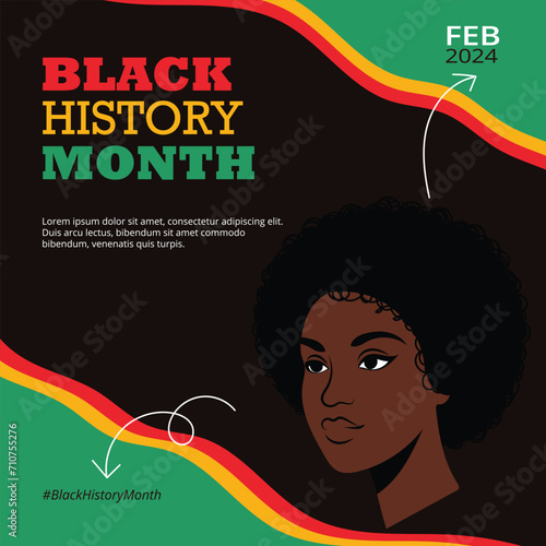 Black History Month Illustration Social Media Post Template for Banner, poster, flyer. African Girl Flat silhouette vector Black History Flag.