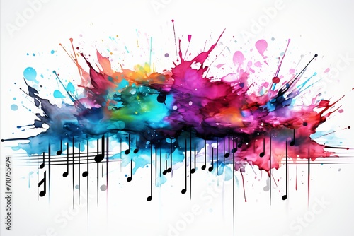 Vibrant musical abstract background with flying neural network musical notes on white