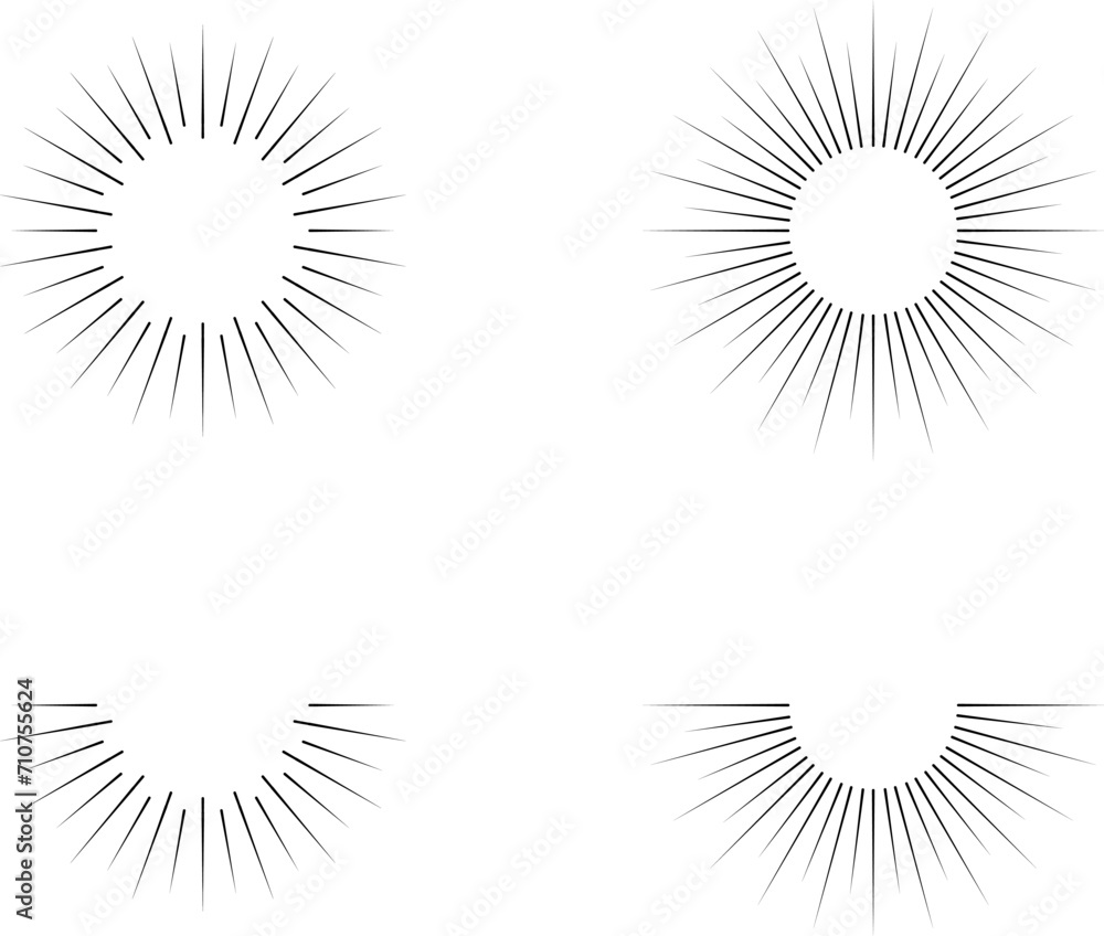 Fototapeta premium Vintage sunburst set. Bursting rays sunrise firework starburst blast, Radiant Spark. Rays. Geometric Design Elements. Retro radiant sunburst, starburst hand drawn label, sun rays. Vector