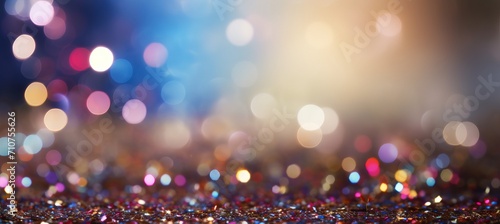Lively and celebratory blurred bokeh background with colorful confetti and dynamic party elements photo