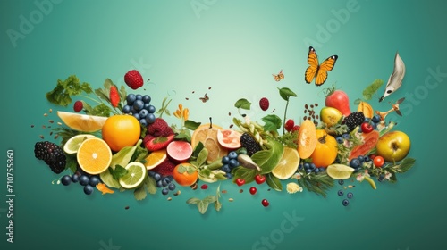  a bunch of different fruits and vegetables on a green background with a butterfly flying over them and a butterfly on the top of the fruit.