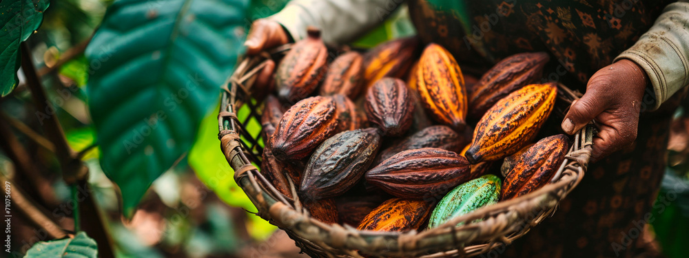 Harvest cocoa beans in the tropics. Selective focus. - obrazy, fototapety, plakaty 