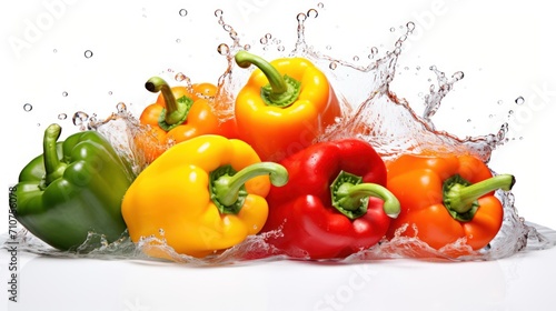  a group of red  yellow and green peppers splashing into a body of water with a splash of water behind them.