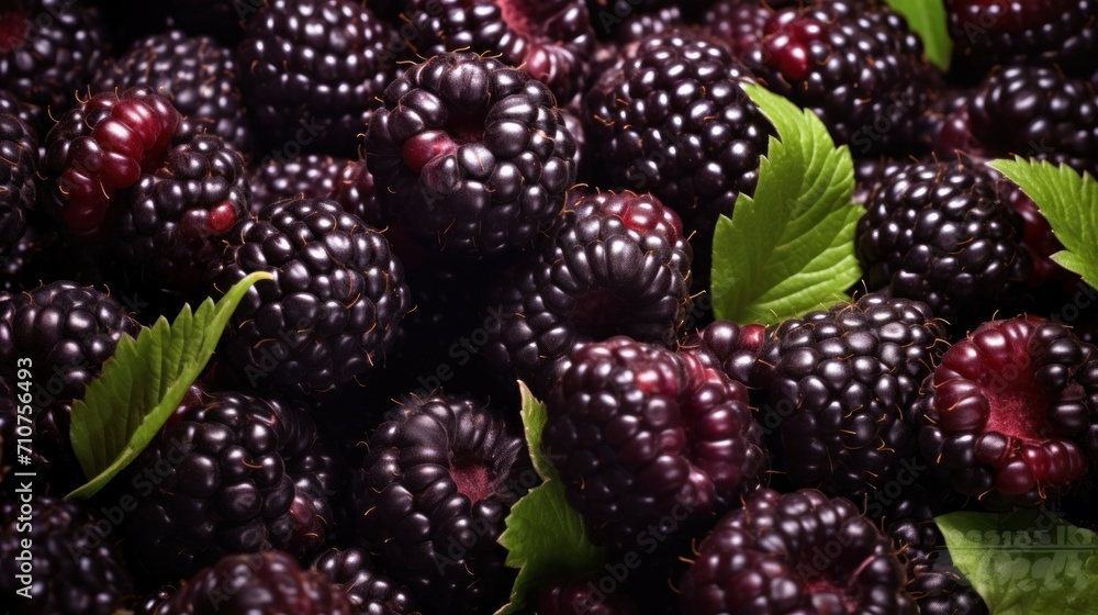 a pile of black raspberries with a green leaf on the top of one of the raspberries. a pile of black raspberries with a green leaf on the top of one of the raspberries.