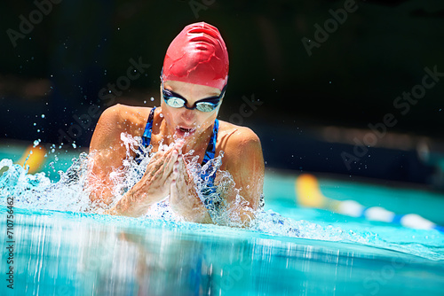 Workout, water splash or woman in swimming pool for competition training, fitness or energy. Sports, fast speed or cardio with female swimmer and athlete for exercise, championship and race at gala