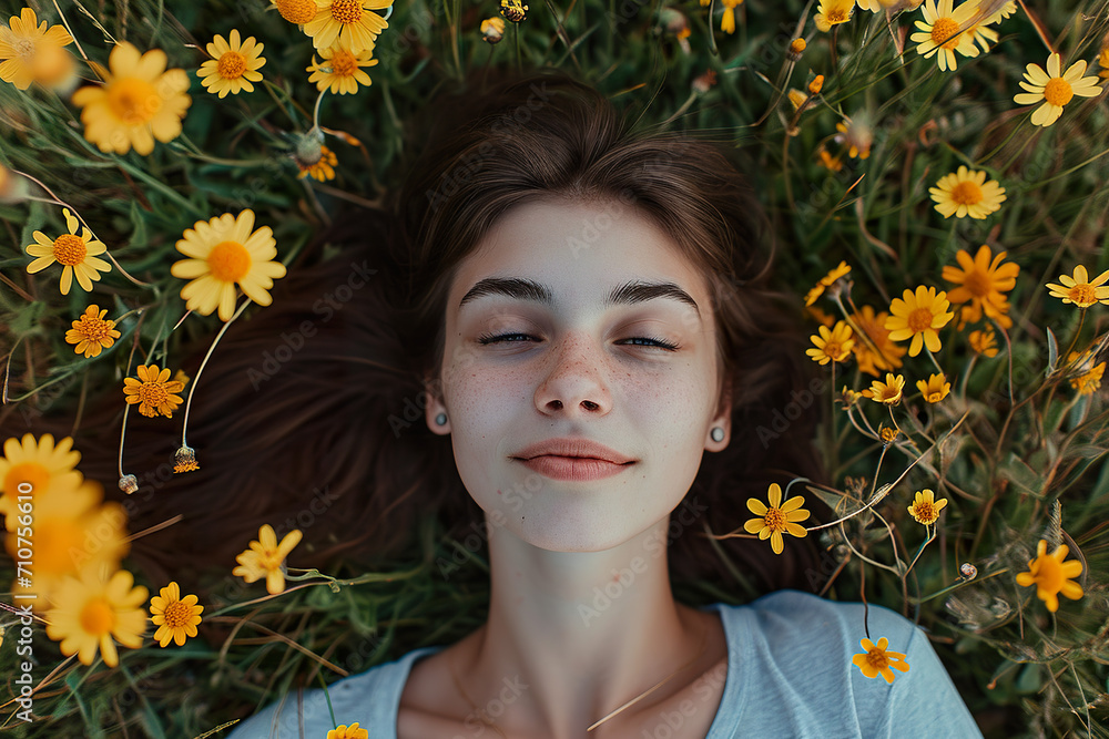 Spring Elegance: A Graceful Young Lady Resting Amongst a Bed of Blooming Petals Spring Elegance: A Graceful Young Lady Resting Amongst a Bed of Blooming Petals